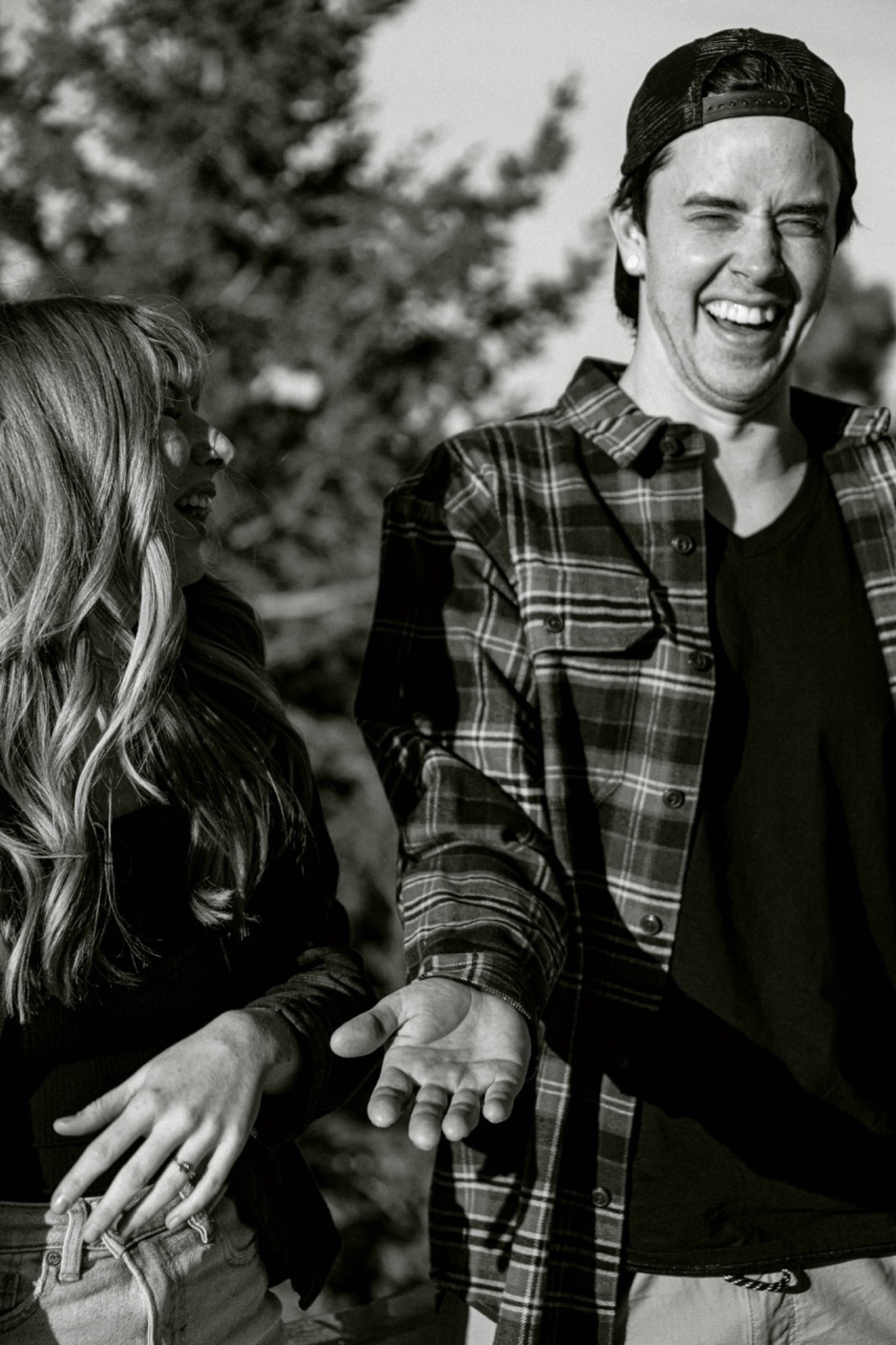 Candid laugh, black and white